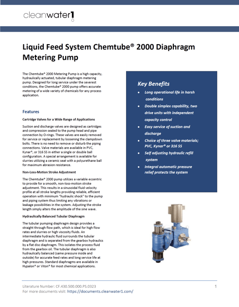 20230404 Liquid Feed System Chemtube 2000 Diaphragm Metering Pump Data Sheet - CF.430.500.000.PS.0423 thumbnail